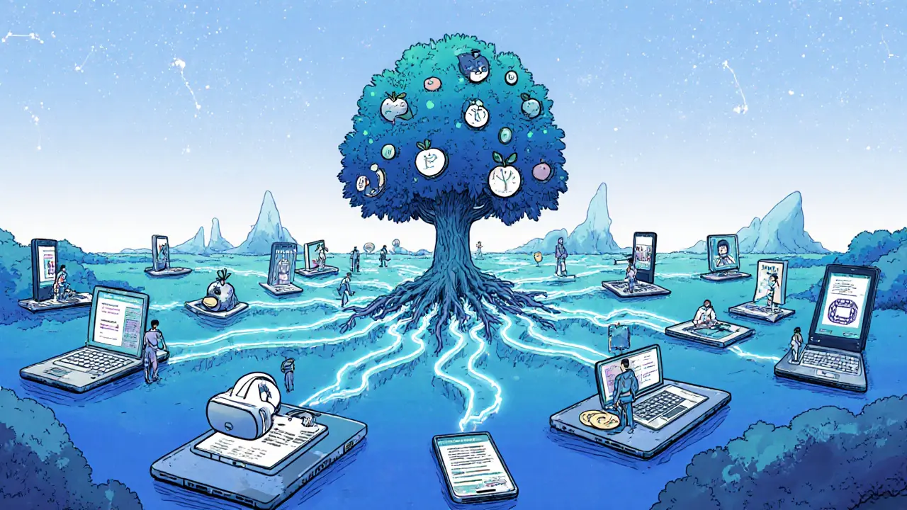 A connected metaverse landscape made of devices, with a blockchain-rooted tree bearing digital tokens and avatars as fruit.