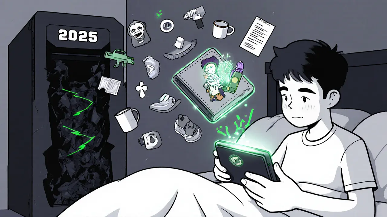 A player reaching into a glowing digital wallet that transforms NFTs into real-world items, with an old server crumbling behind.