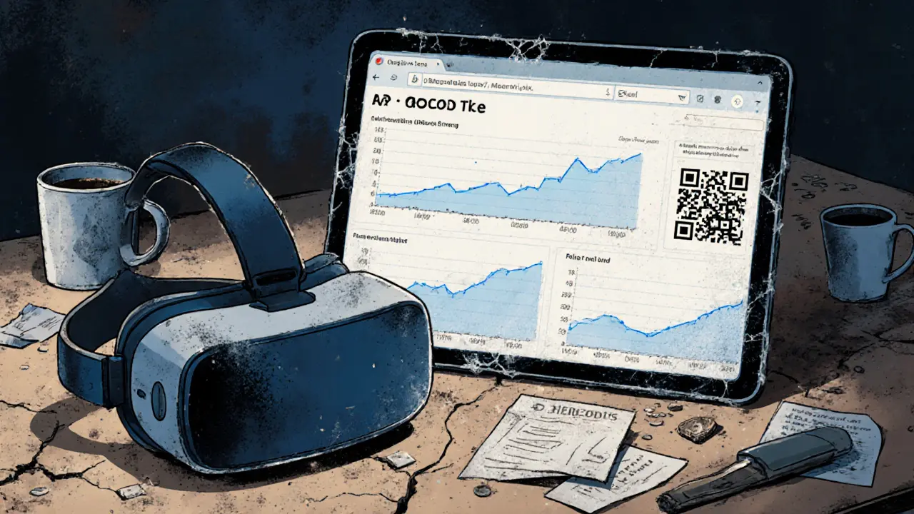 An abandoned AR headset and frozen token dashboard sit on a dusty desk, surrounded by neglect and forgotten tech.