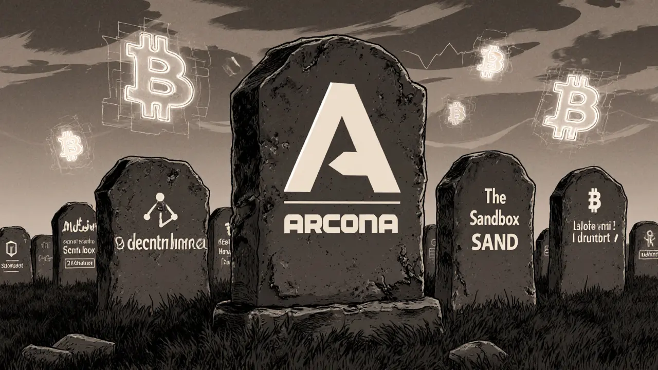 ARCONA&#039;s tombstone in a crypto graveyard, with ghostly AR objects drifting uselessly above.