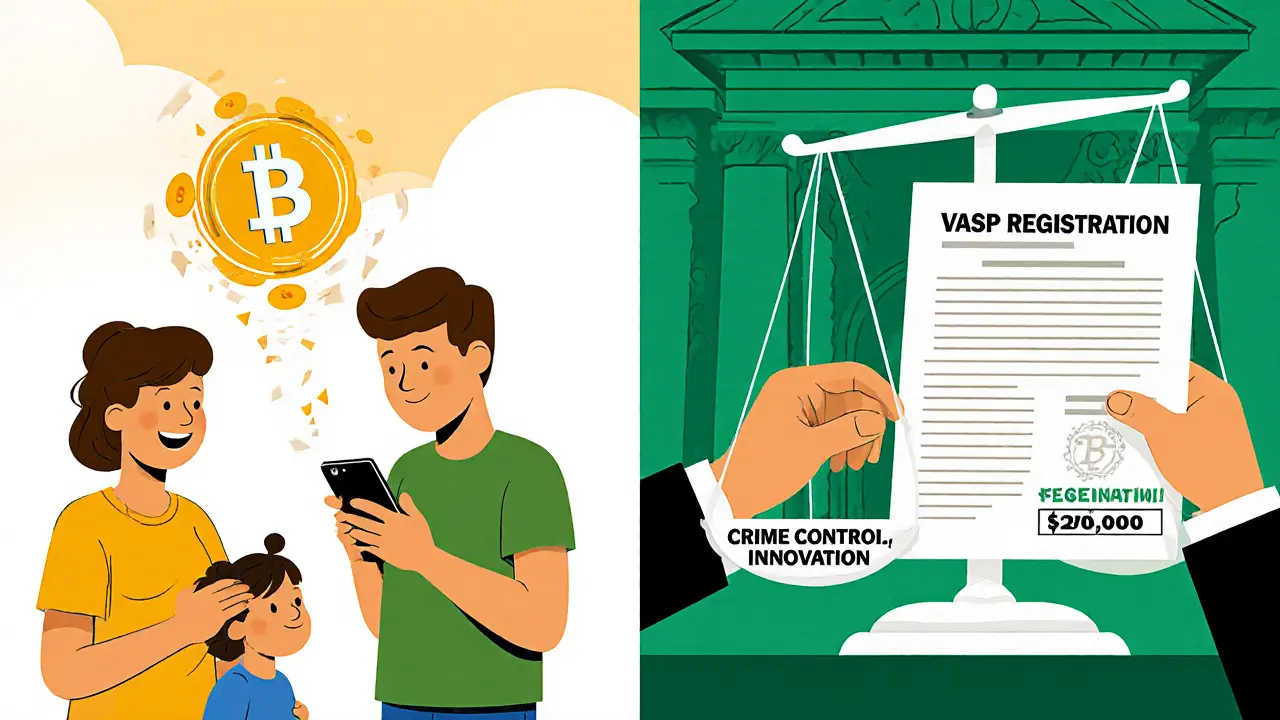 A family sending crypto remittances while a government official stamps crypto registration forms.