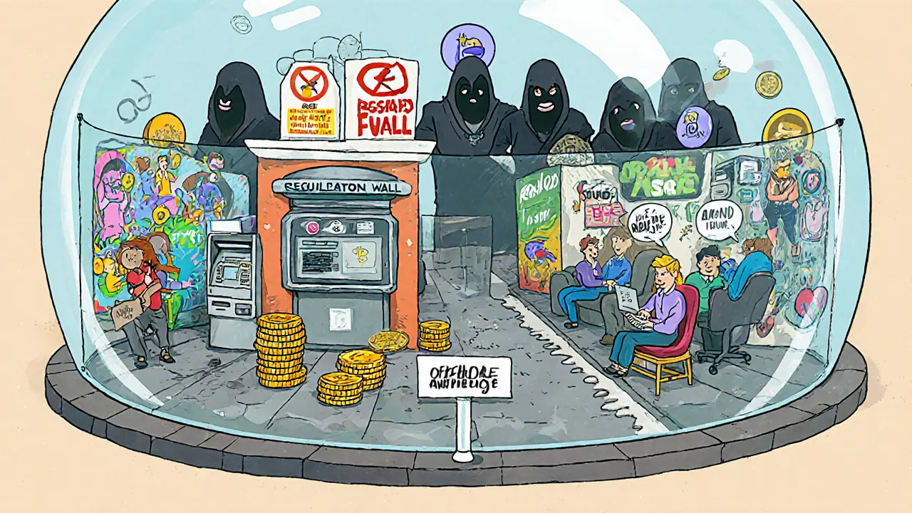 A lively crypto business scene inside a transparent regulatory wall, with banks outside refusing entry.