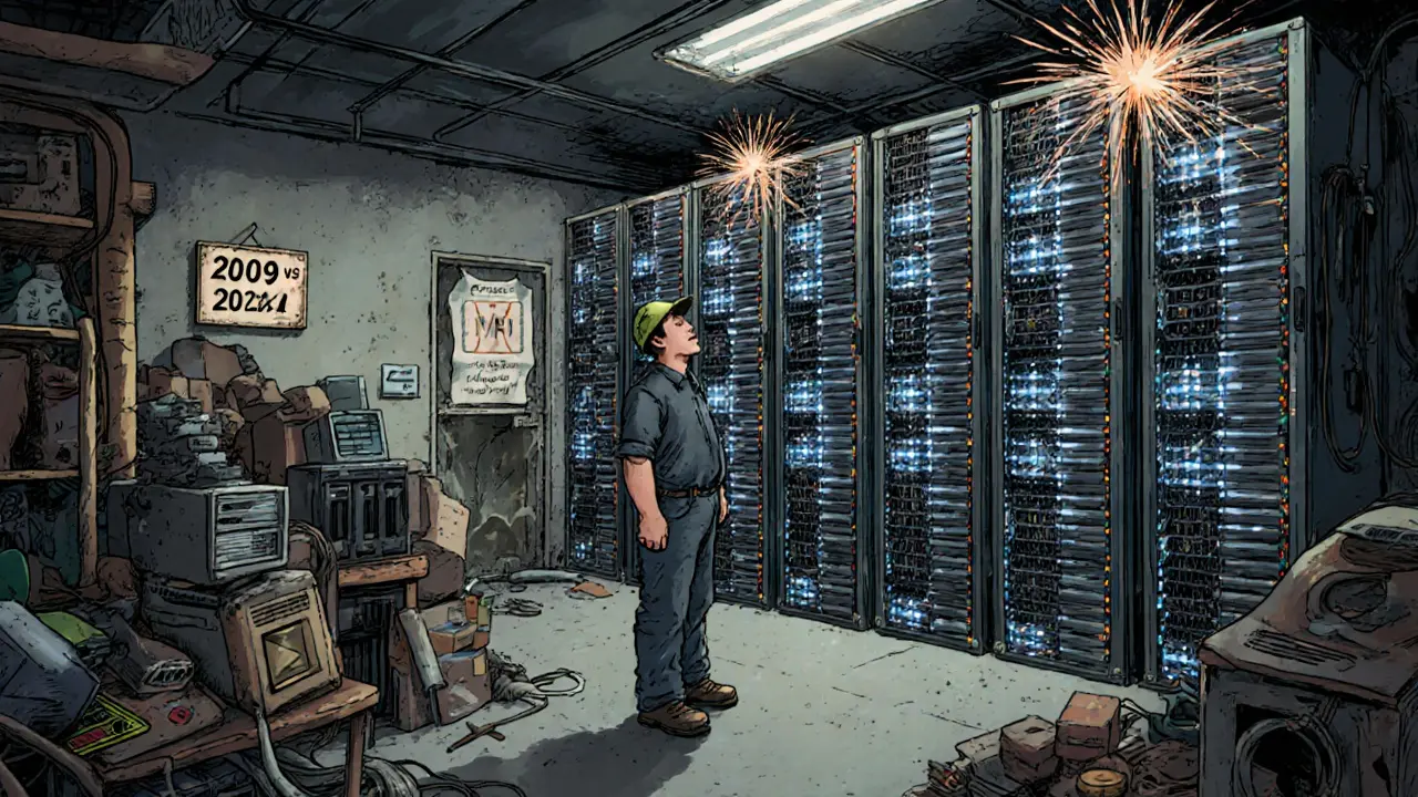 A miner surrounded by towering ASIC miners, with digital hash calculations flashing in the air.