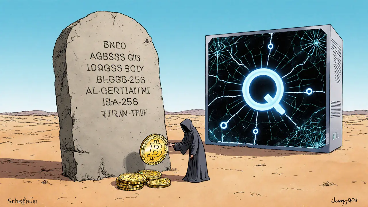 An ancient stone tablet with SHA-256 carved on it, standing next to a failing quantum computer.