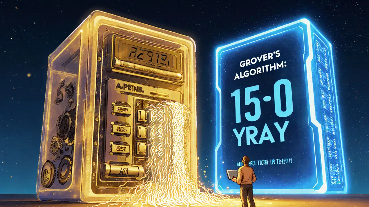 An ASIC mining rig producing hashes, while a distant quantum computer looms with a warning about future threats.