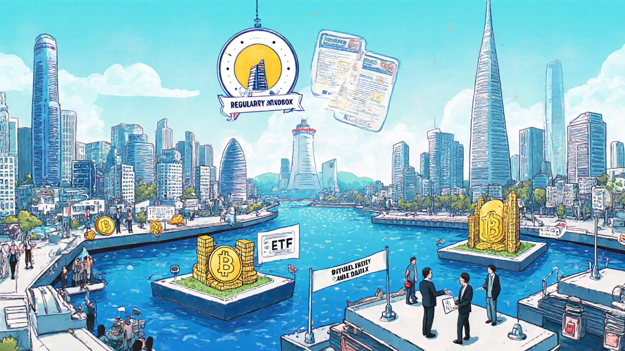 Busan&#039;s digital asset sandbox with STO tokens and foreign investors in a futuristic harbor setting.