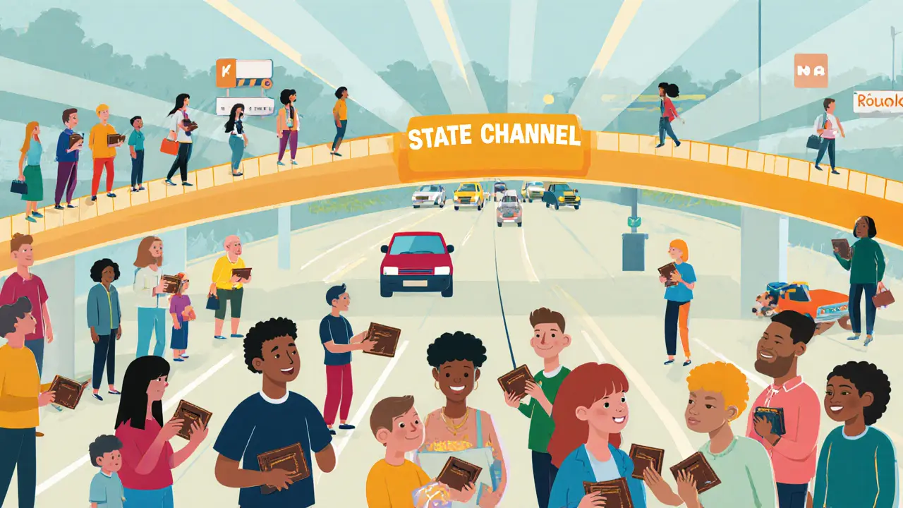 Crowded room with only two users connected by a narrow bridge labeled &#039;State Channel&#039;, others on wide &#039;Rollups&#039; highway.