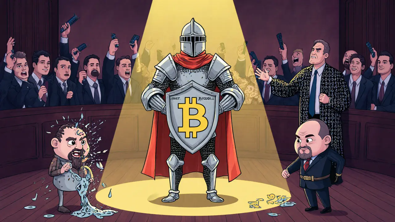 SHA-256 as a binary knight defending Bitcoin against cracked SHA-1 and MD5 villains in a blockchain courtroom.