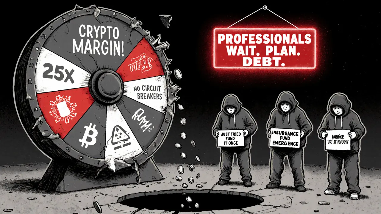 Traders drop coins into a black hole labeled &#039;Debt&#039; as a casino wheel labeled &#039;Crypto Margin&#039; crumbles around them.