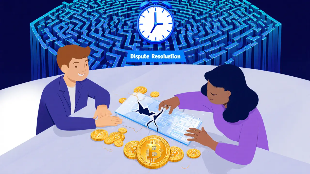 Two people shaking hands over a cracked ledger with a maze labeled &#039;Dispute Resolution&#039; in background.