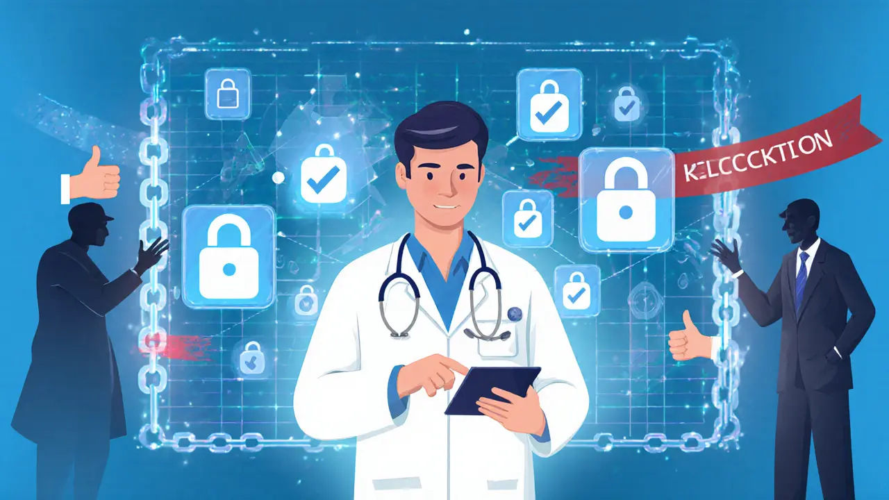 A doctor views a patient&#039;s blockchain-recorded medical access logs, with permission icons and digital security walls blocking threats.