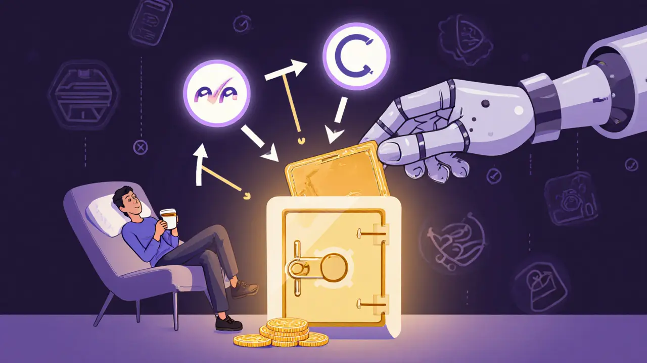 A robot hand depositing crypto into a Yearn Finance vault while a user sleeps, representing automated yield compounding.