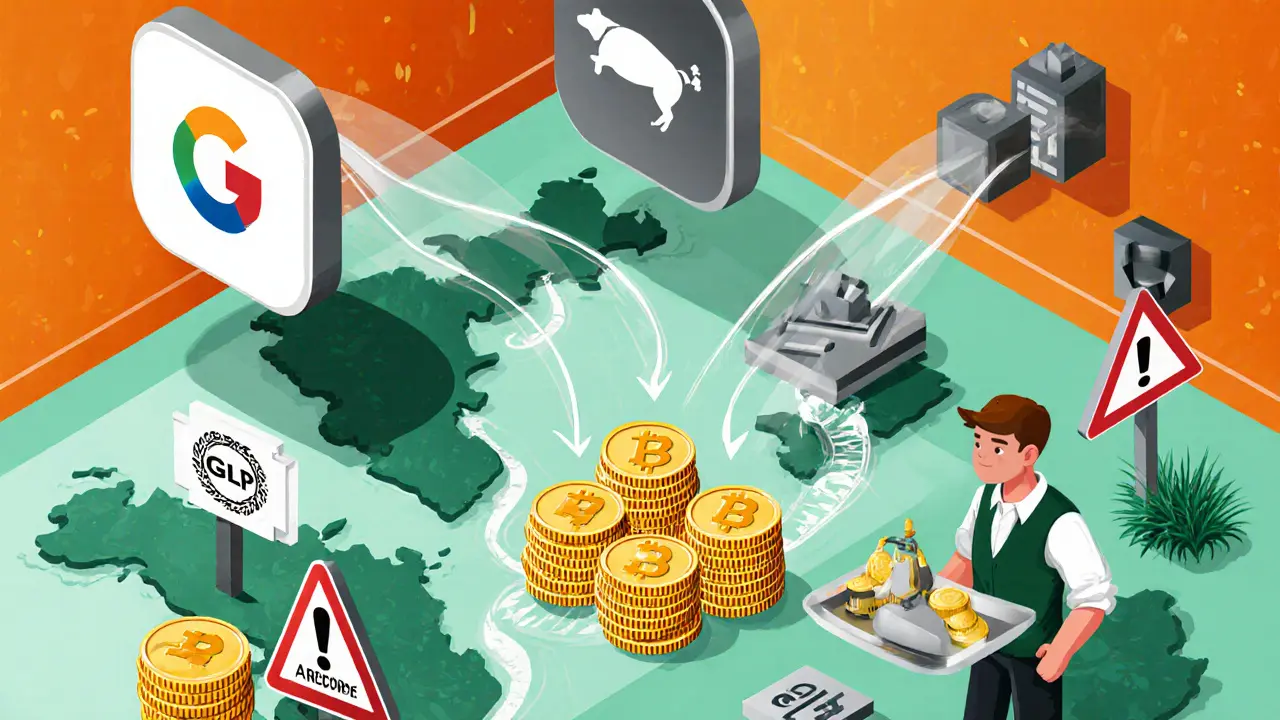 A trader&#039;s floor with multiple blockchains and GLP tokens flowing to liquidity providers, showing diversified yield farming.