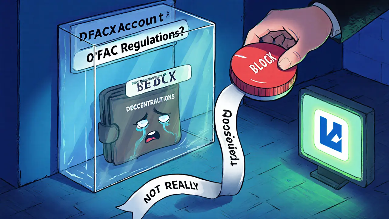 Crying wallet trapped in glass cage labeled &#039;dYdX Account,&#039; with OFAC hand pressing block button and recovery phrase out of reach.
