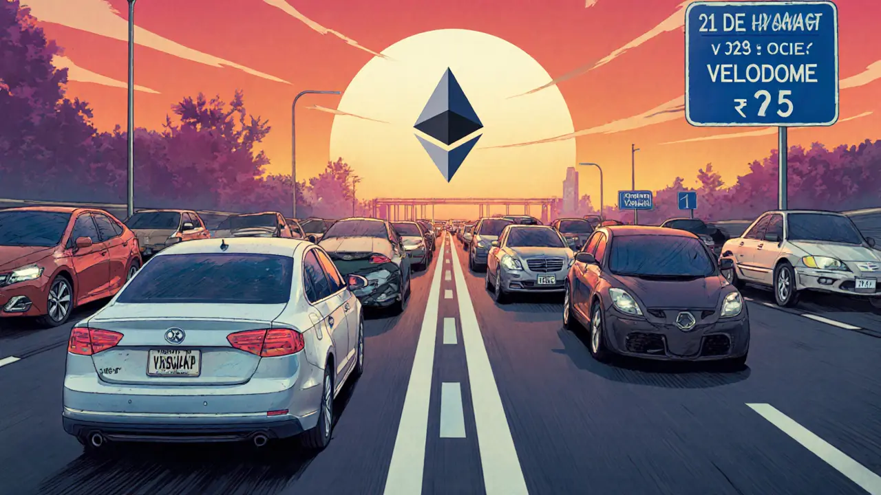 DeFi highway with slow v2 cars fading behind fast v3 vehicles, sign predicting v2&#039;s decline by 2027