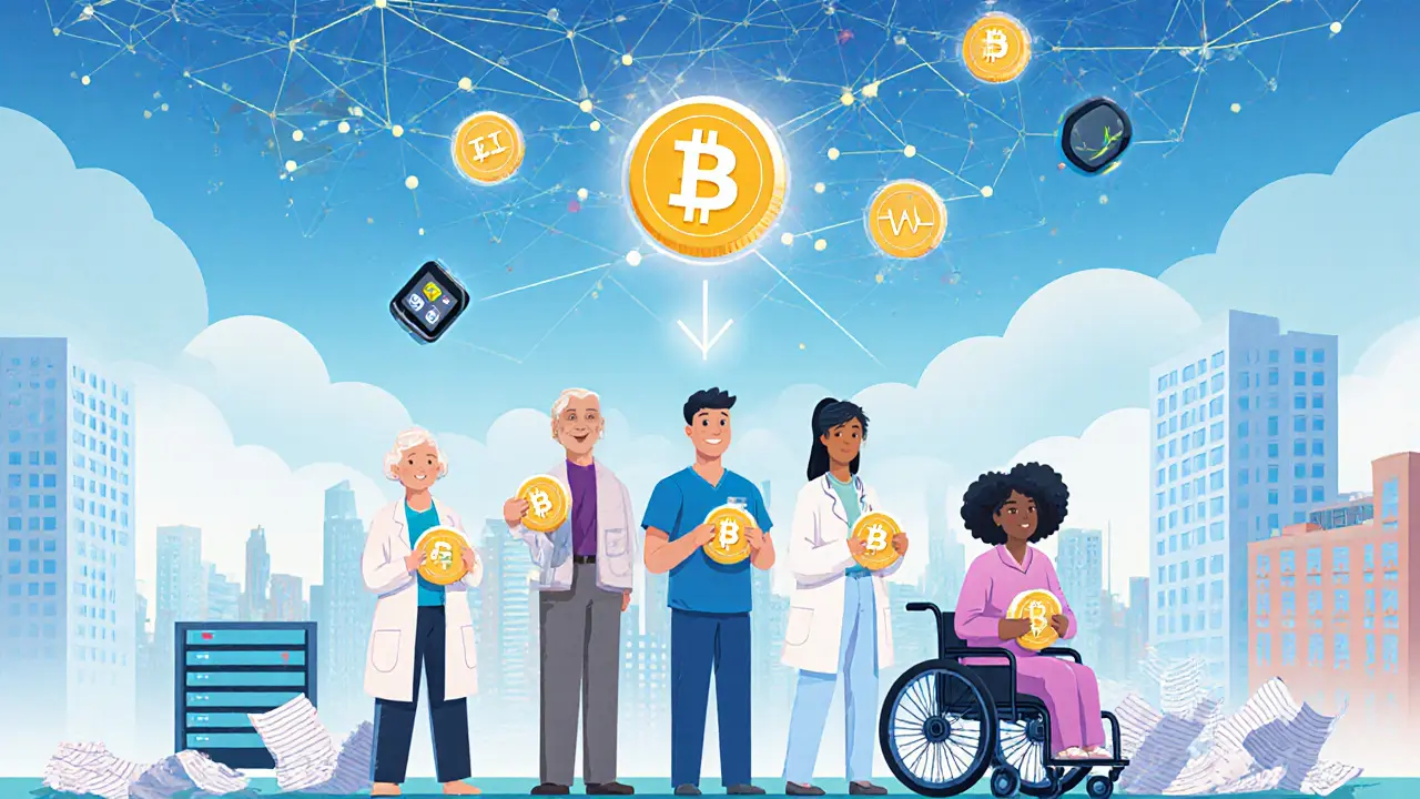 Diverse patients hold personal blockchain tokens connected to a rising network, with medical devices sending real-time data upward.