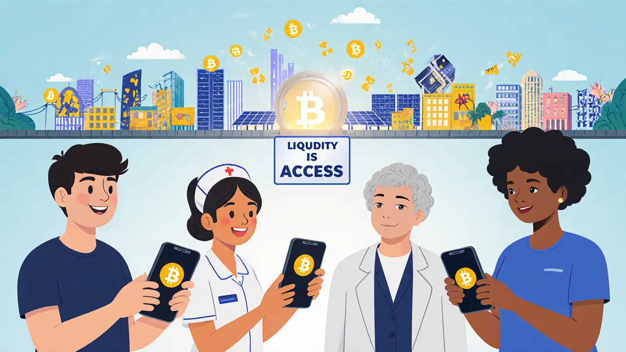 Diverse people using phones to own tokenized assets, forming a bridge from locked vault to open digital plaza.