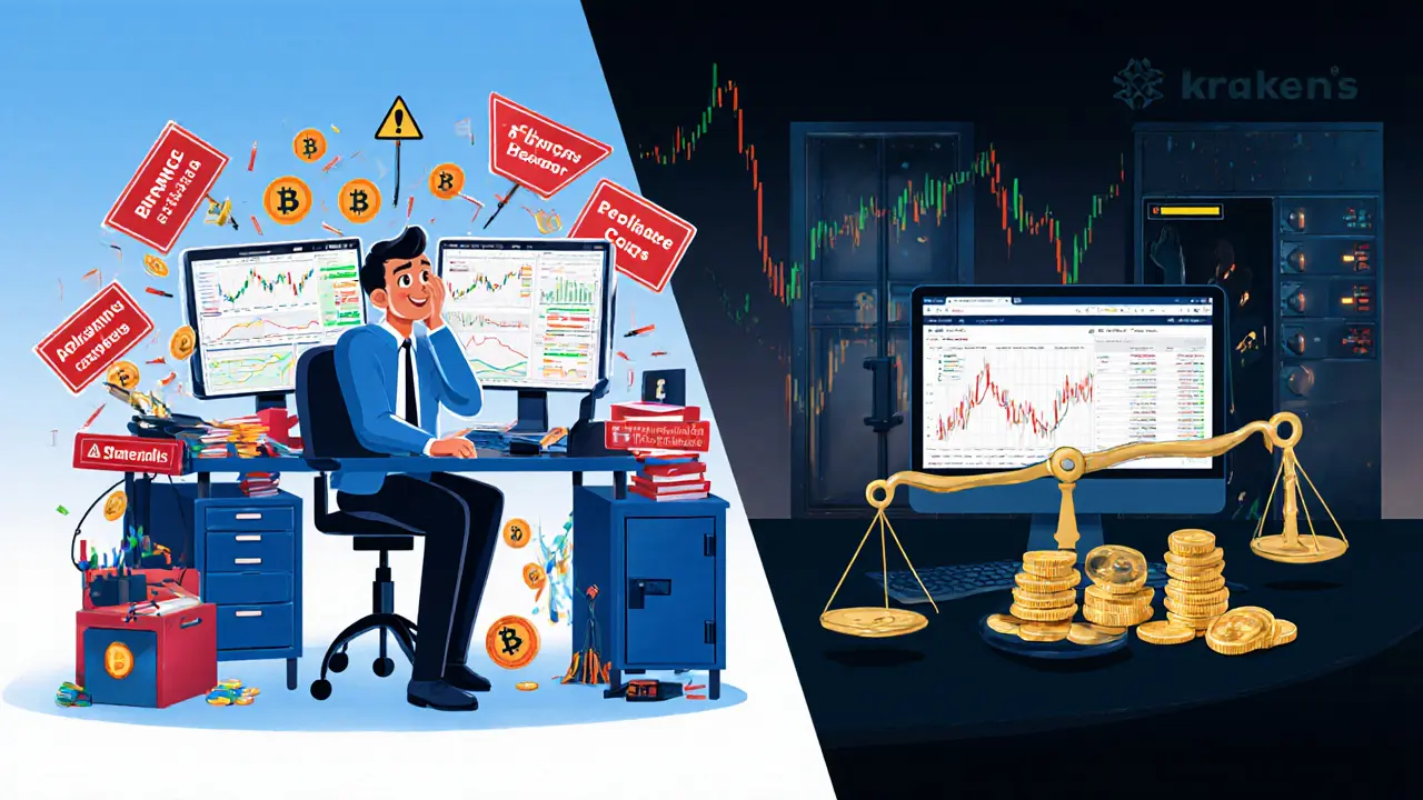 Split scene: chaotic trading with delisted coins on one side, calm secure trading with proof-of-reserves on the other.