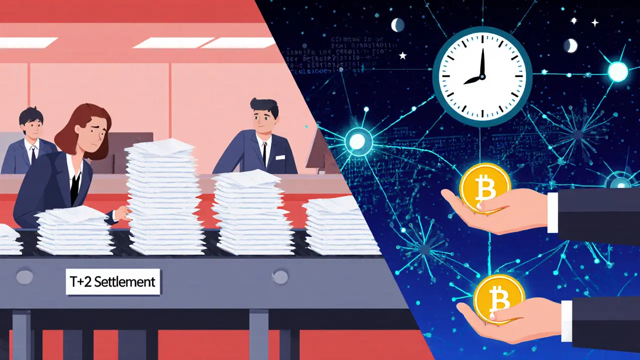 Split scene: slow paper settlement vs. instant blockchain token transfers between global users.