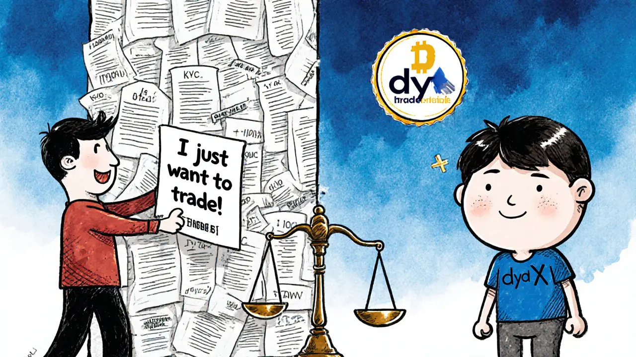 Split scene: U.S. user rejected by legal documents vs Singapore user trading happily, corporate logos outweighing &#039;Decentralized&#039; icon.