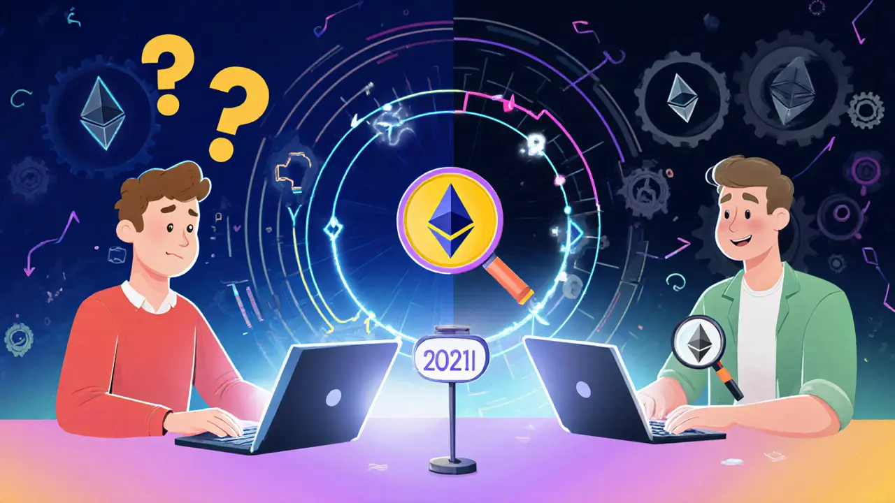 Three users interacting with different DEX interfaces on Optimism: beginner on v2, expert on v3, stuck token in loop