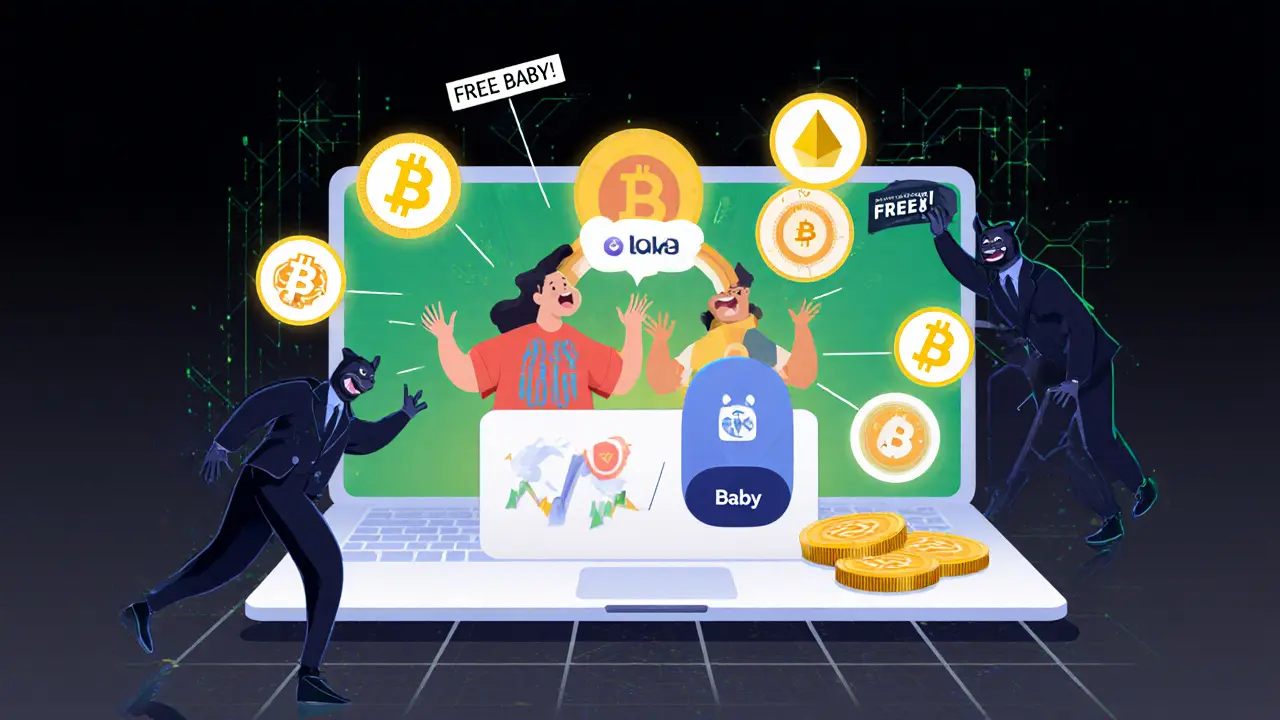 User swapping tokens on BabySwap DEX while staking and referral rewards glow nearby, scam figures lurking.