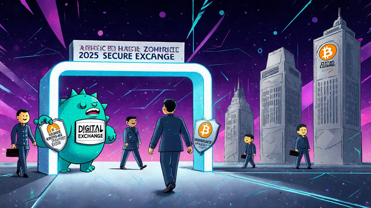 Users entering a secure crypto gate past guards, while a fake exchange monster is blocked outside by security shields.