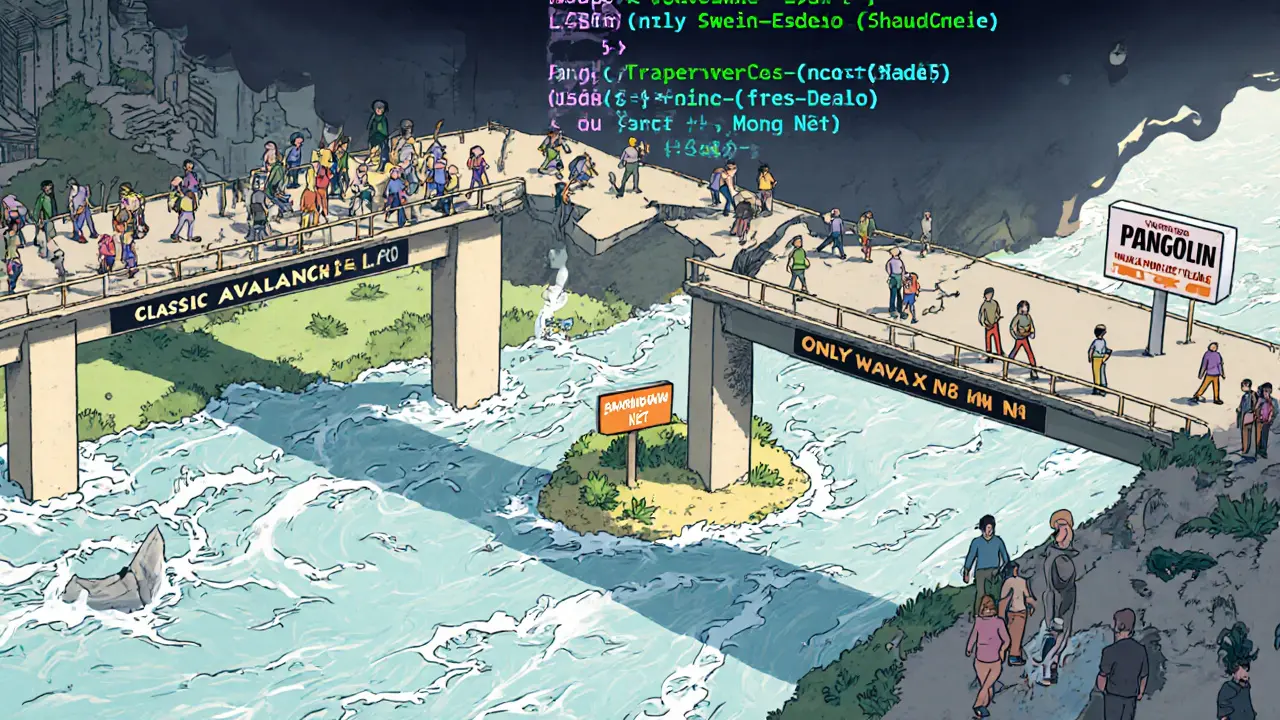 A broken bridge to a small island with limited tokens, while two strong bridges carry most traders elsewhere.