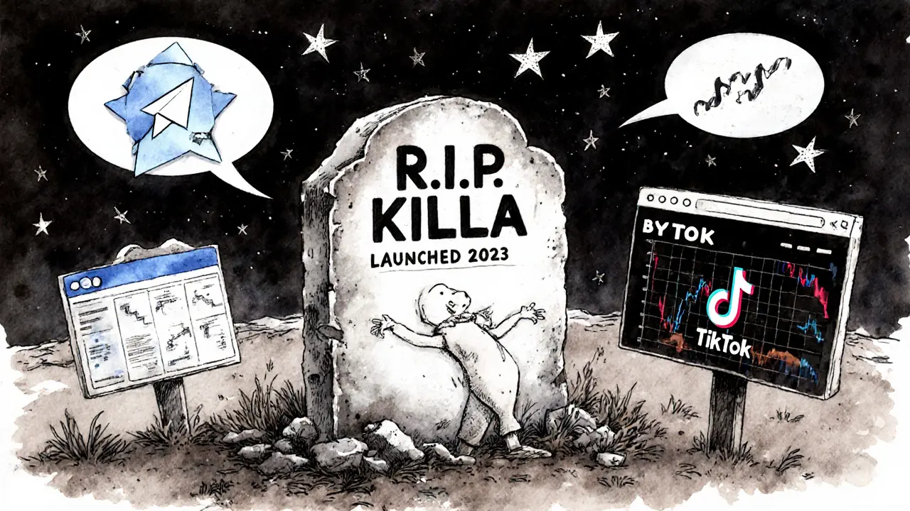 A crumbling tombstone for KILLA surrounded by dead chat bubbles and a fading TikTok screen.