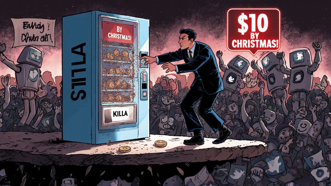 A lone investor reaching for a KILLA vending machine that spits out dust, while bots cheer behind.