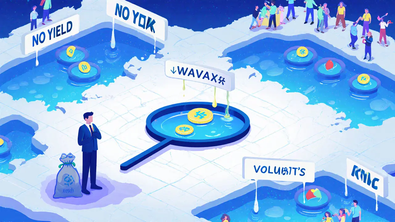 A magnifying glass examining a tiny, empty liquidity pool with two tokens, surrounded by unused DeFi options.