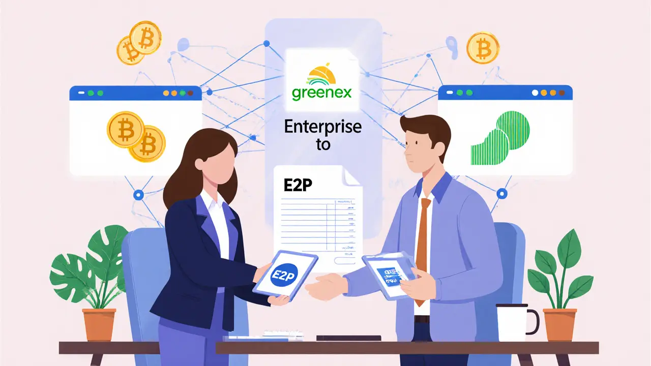 Business owner paying freelancer with E2P tokens via blockchain, showing real-world utility.