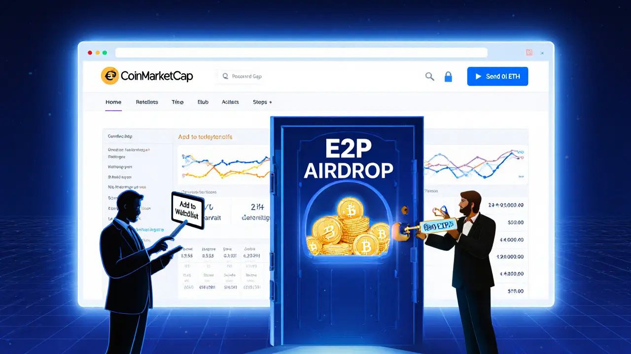Hidden E2P airdrop vault behind CoinMarketCap dashboard, user adding to watchlist as scammer tries to break in.