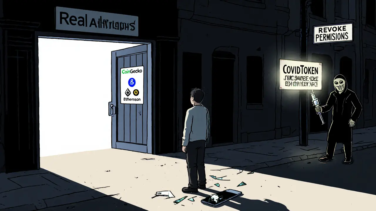 Person at crossroads choosing between real airdrops and a scam alley with masked thief holding a syringe.