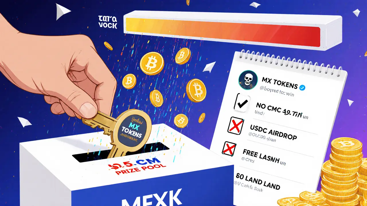 Person voting with MX tokens at a booth, raining USDT coins, while fake airdrop tweets are crossed out.