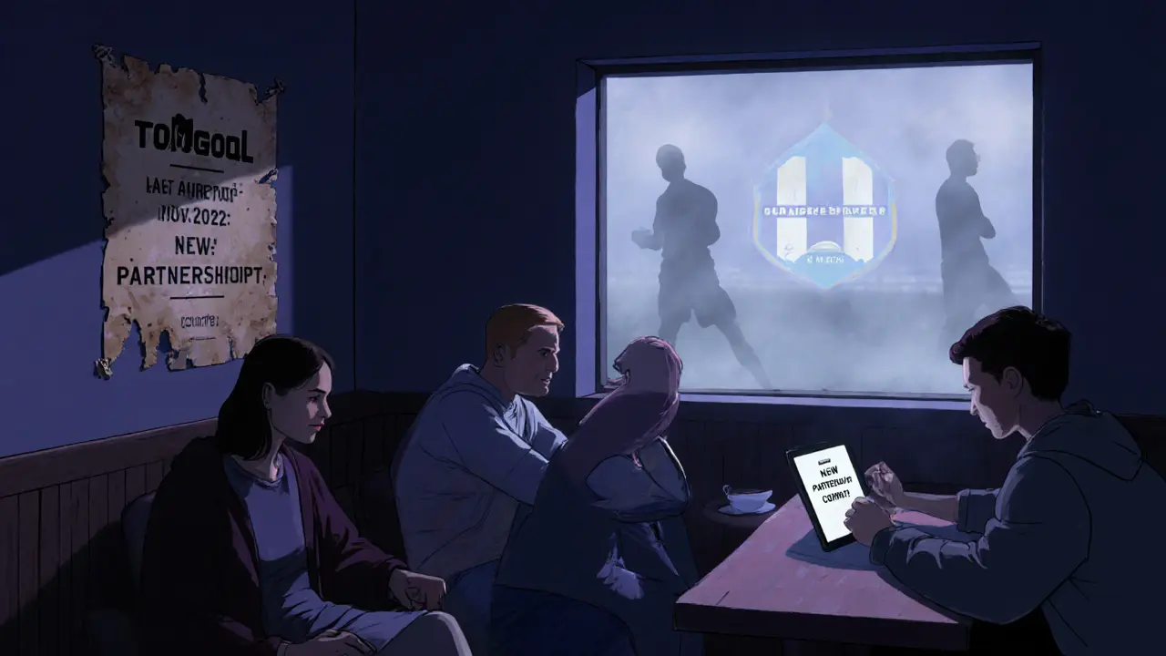 Quiet metaverse lounge in 2025 with faded airdrop poster and hint of new football partnership.