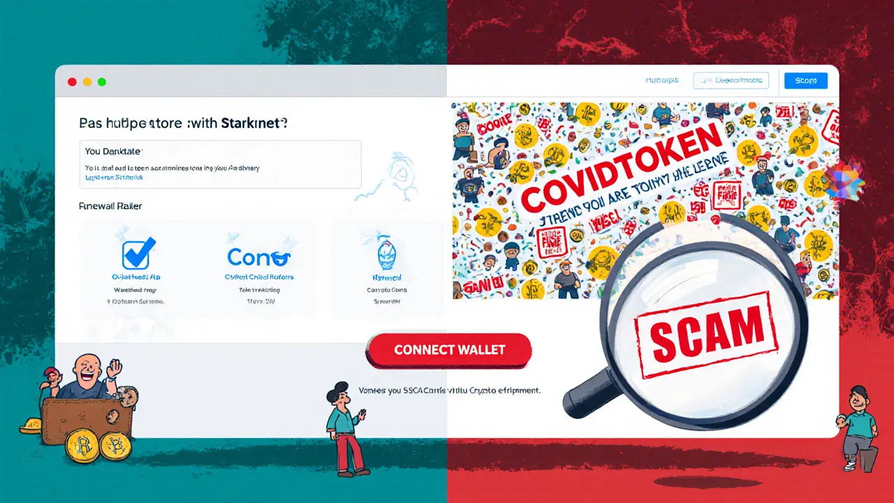 Split scene: legitimate crypto airdrop on left, fake CovidToken scam on right with glowing trap button.