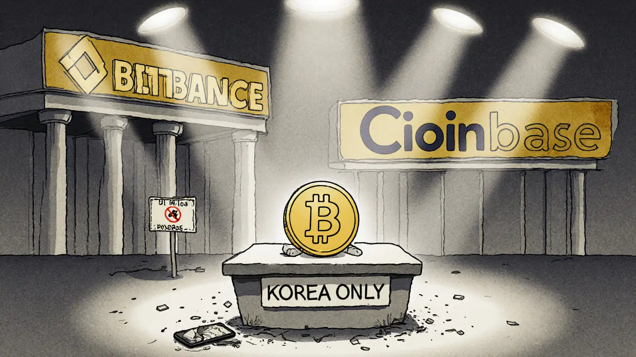 Tiny Bitsonic logo isolated on shelf beside giant global exchanges, broken phone and &#039;No English&#039; sign nearby.