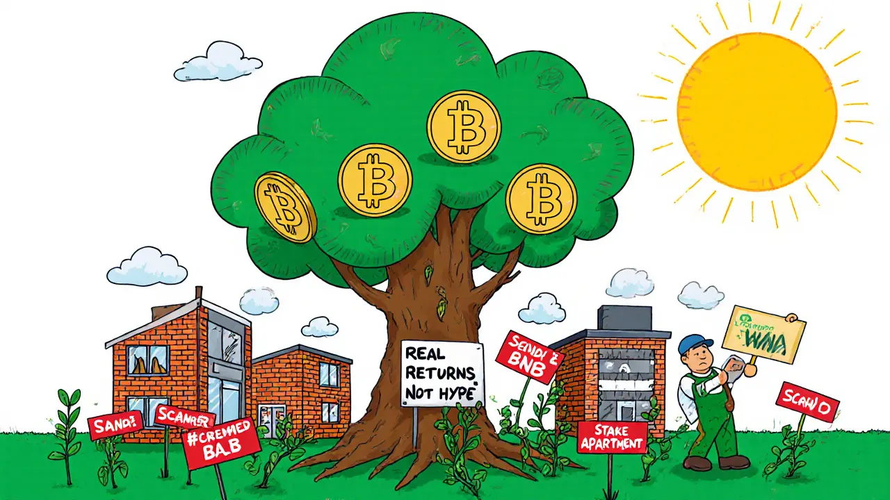 Tree with LAND tokens as leaves and property-backed roots, scammer vines being cut down by a gardener.