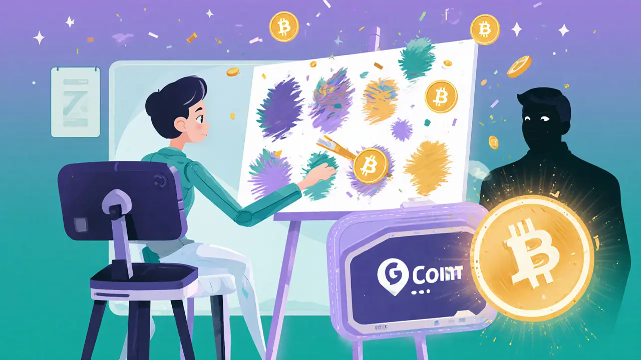 AI art studio creating NFTs with ART tokens flowing into a CoinMarketCap wallet, scammer fading away.