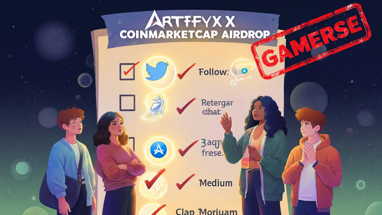 Diverse users completing seven steps for the Artify airdrop, with Gamerse crossed out.