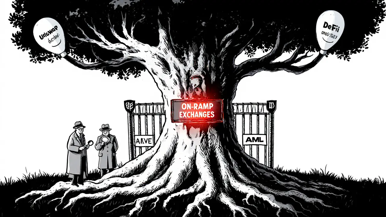 Faceless DeFi tree spreads across Europe as regulators struggle to control it, with one fortified on-ramp glowing red.