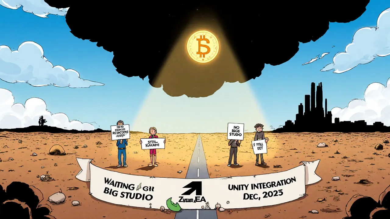 Single SAGA token above empty landscape with three small studios waiting under a giant gaming company shadow