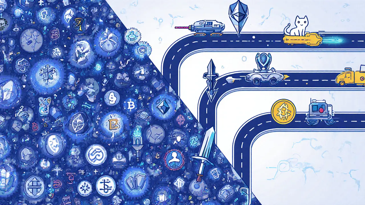 Split scene: chaotic Ethereum traffic vs. clean Saga chainlets with validator knights and token fuel