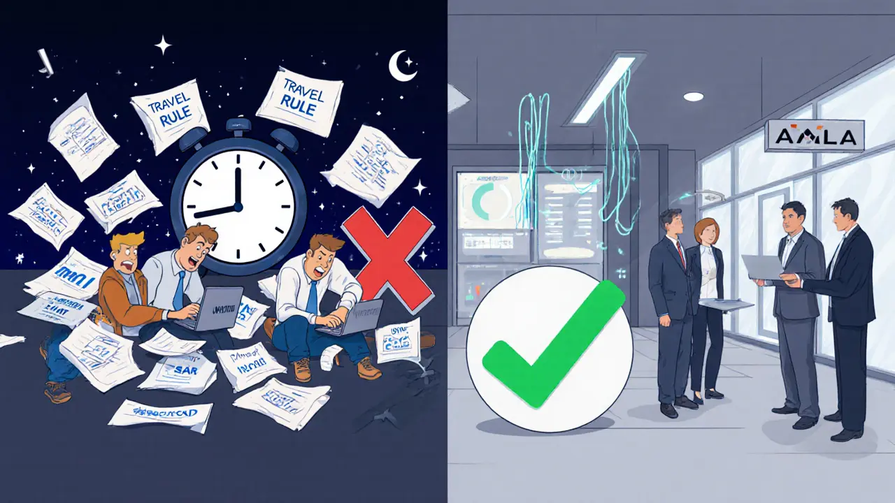 Split scene: chaotic startup vs. organized compliance hub, divided by euro symbol with red X and green checkmark.