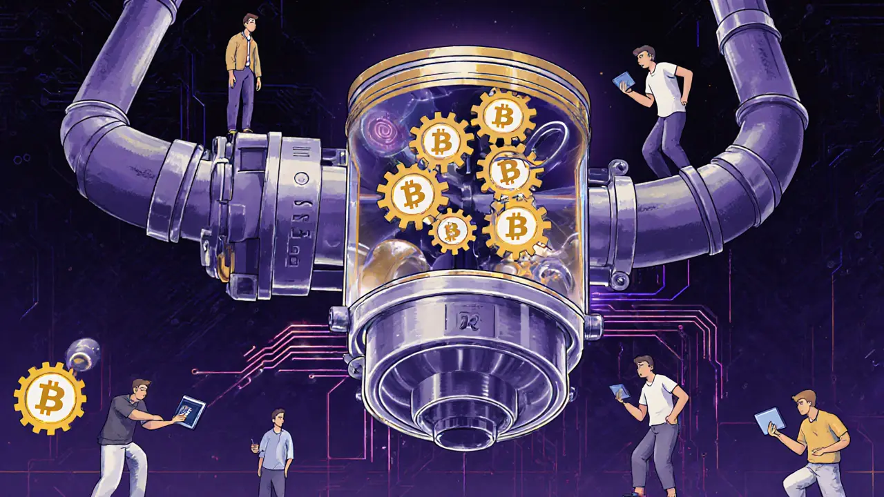 A turbocharger made of RADS tokens powering a transparent Celo blockchain engine, enabling smooth token flows.