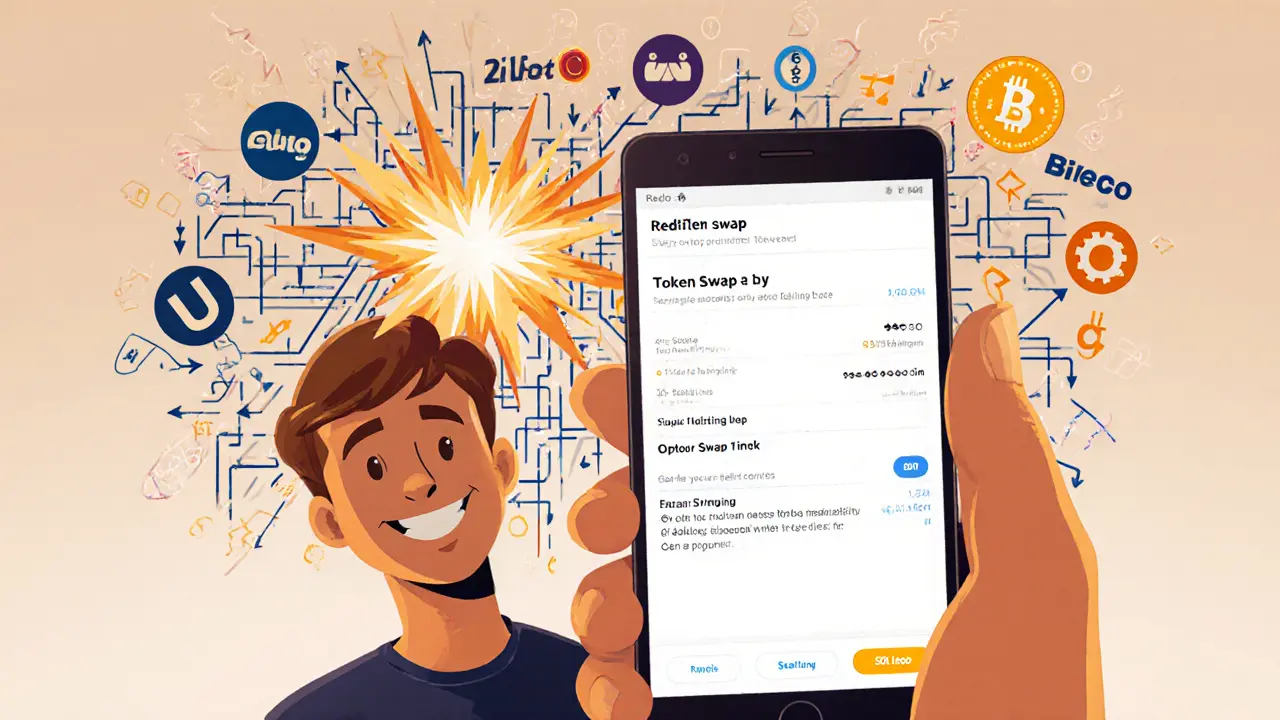 A user calmly swapping tokens on a phone while chaotic DeFi networks explode in confusion behind them.