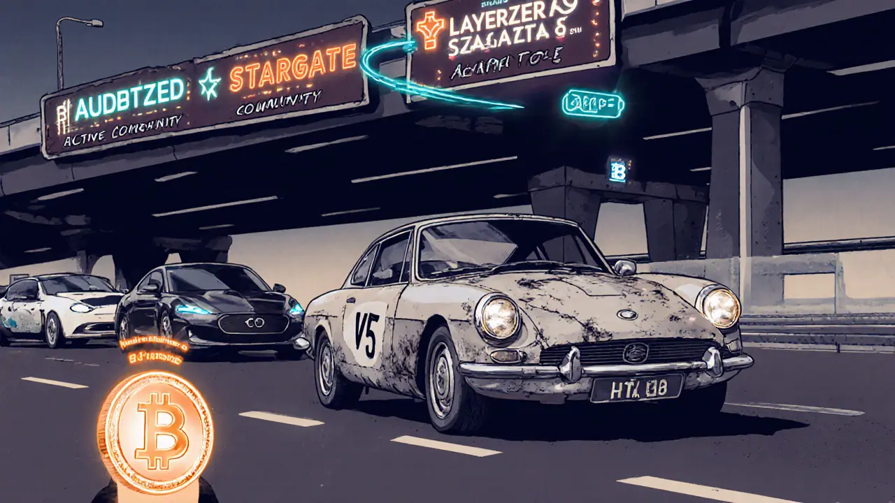 A vintage iSwap sports car parked beside modern DeFi alternatives on a highway, symbolizing obsolescence.