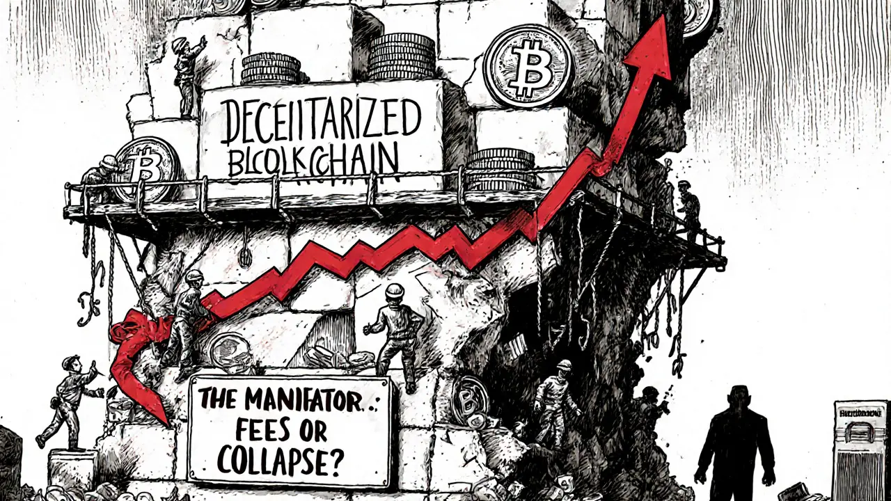 Crumbling blockchain tower with miners leaving as rewards fade, corporate server looming.