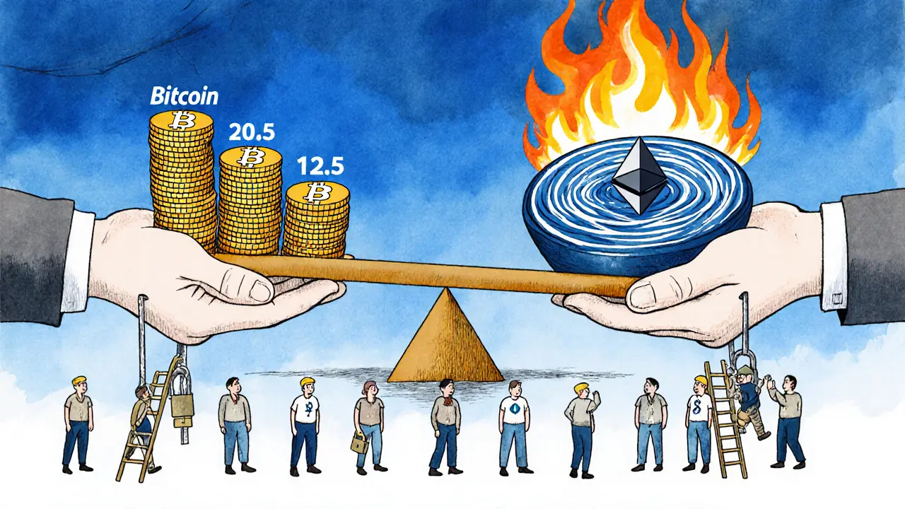 Seesaw balancing Bitcoin halving coins against Ethereum staking and burning fees.